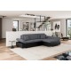Canapé d'angle convertible + accoudoirs réglables et coffre ALRI - MALWI - Tissu gris beige et simili blanc ou noir